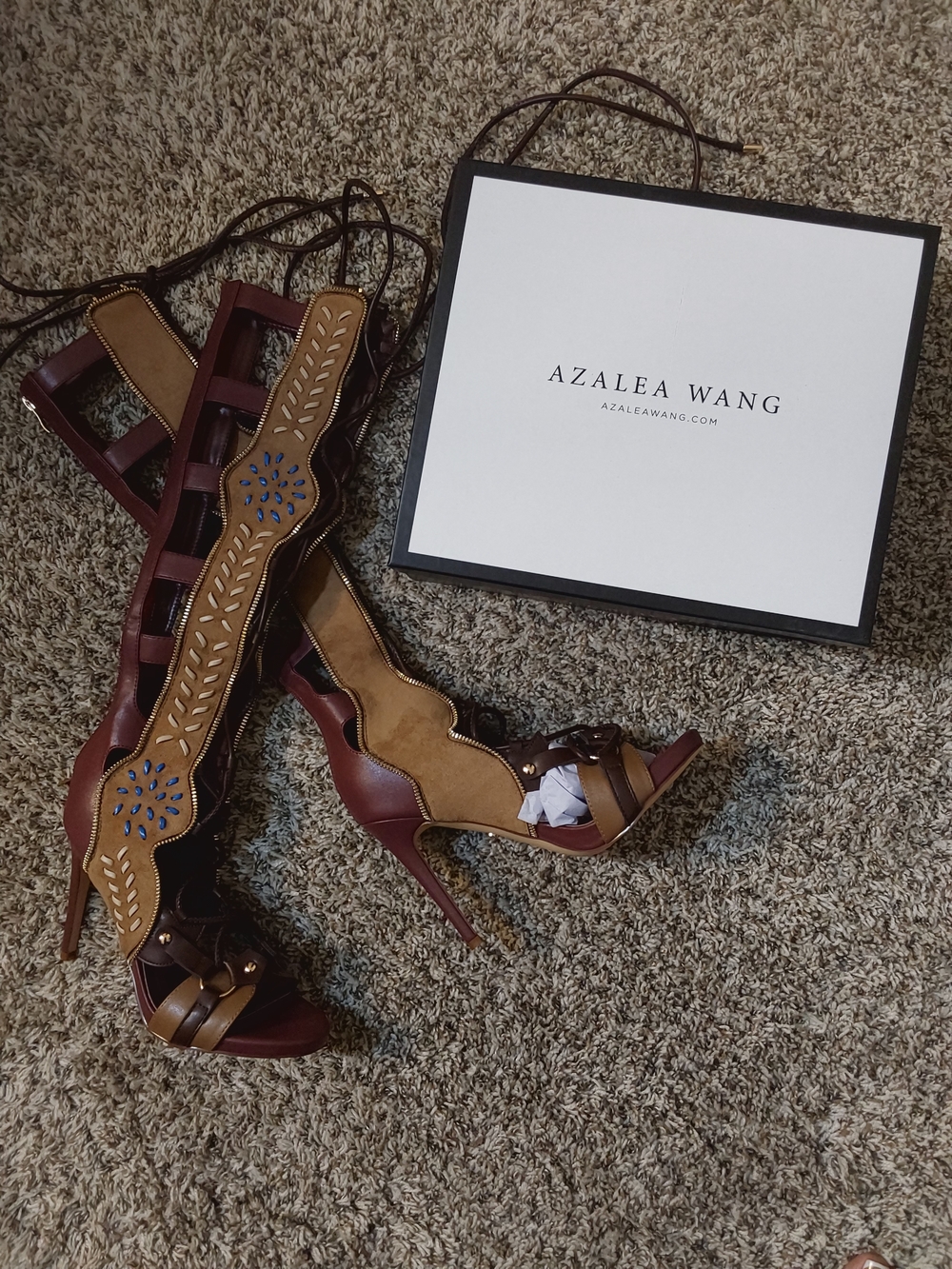 AZALEA WANG Women's Burgundy and Tan Lace-Up Gladiator Boots